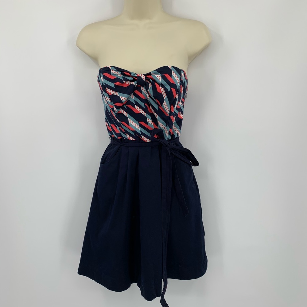 Maeve strapless dress bow white blue Anthropologie
